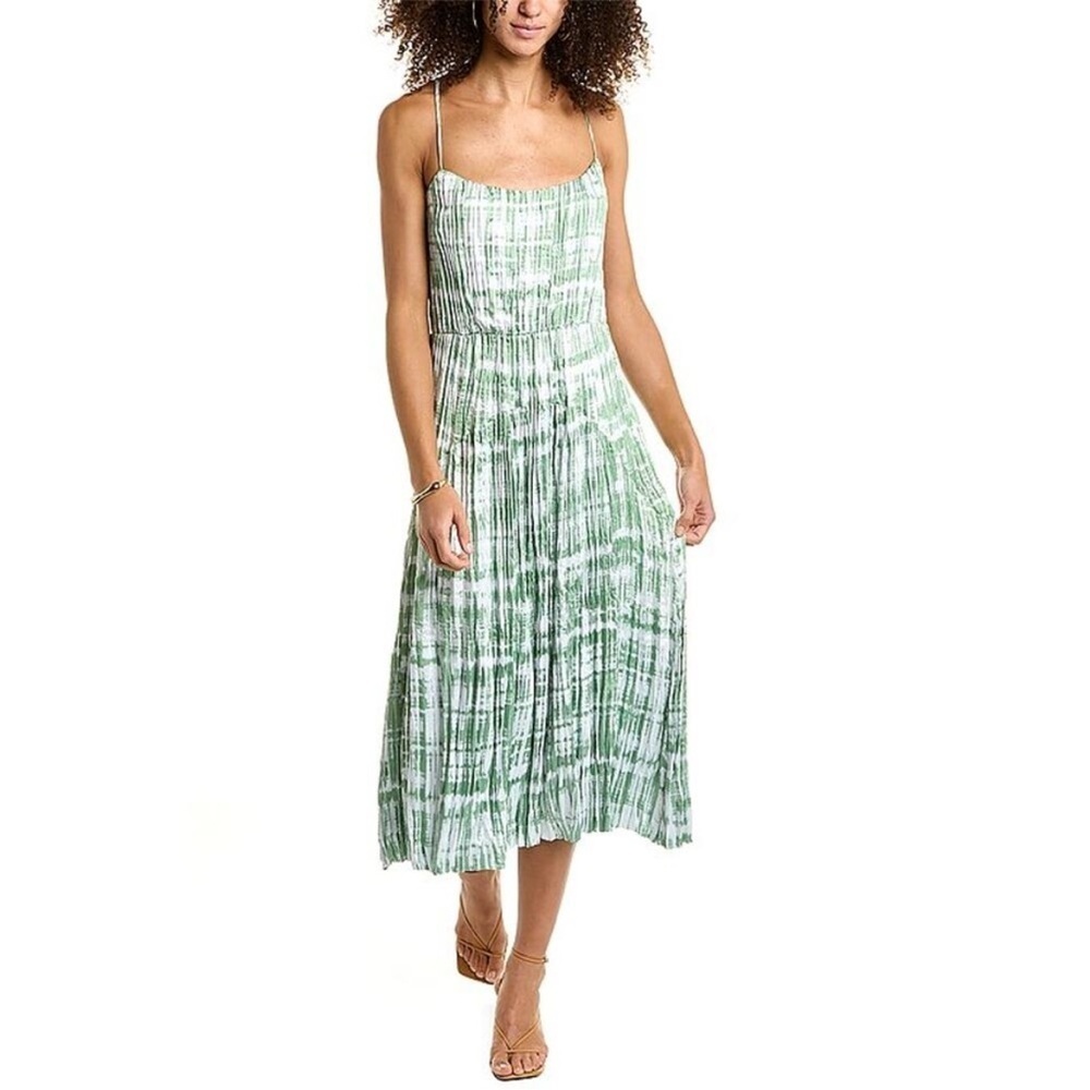 Vince NWOT Tie-Dye Pleated Satin Midi Dress Pistachio Green Sz L Vacation Summer